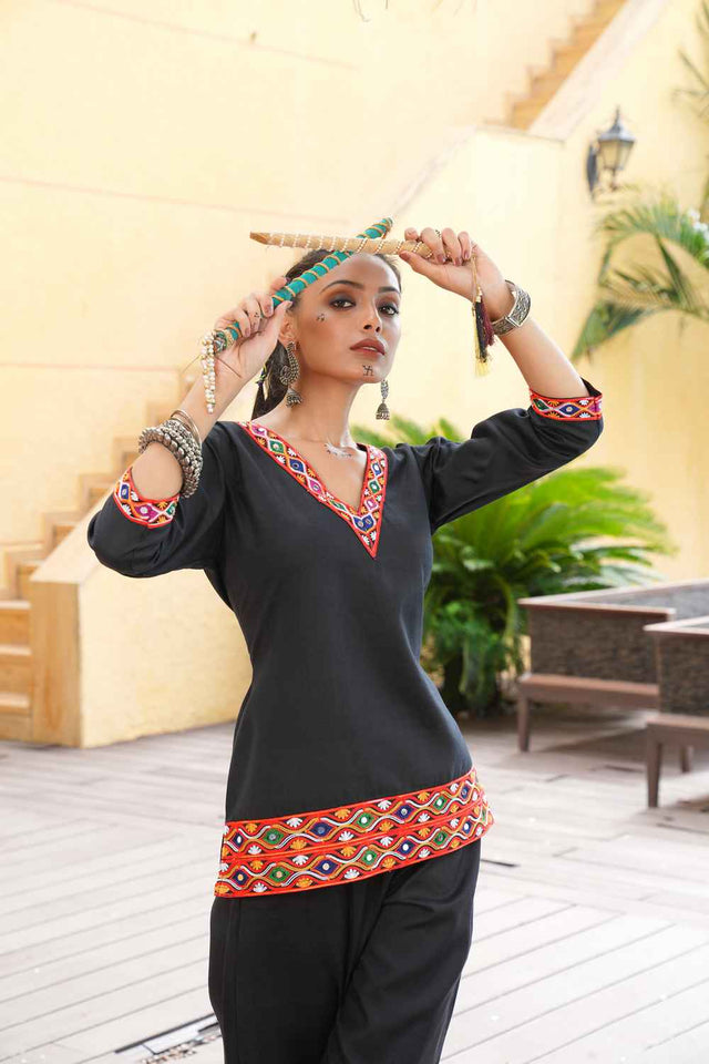 Black Embroidered Cotton Kurti Set