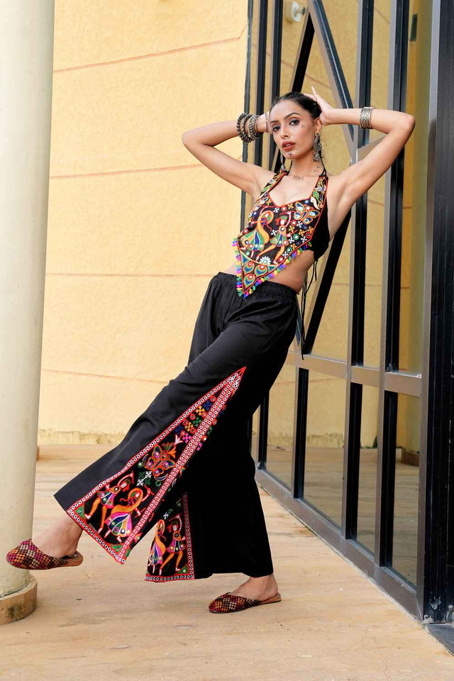 Black Embroidered Cotton Kurti Set