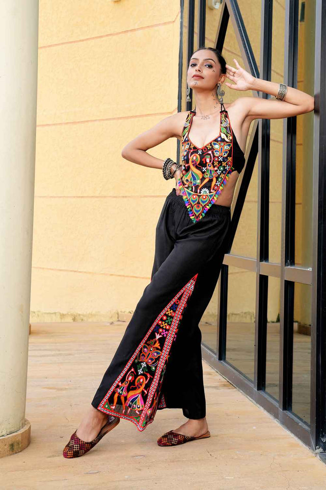 Black Embroidered Cotton Kurti Set