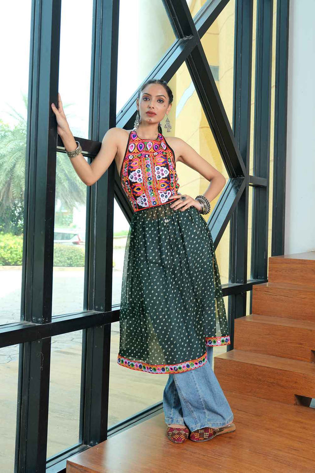 Green Embroidered Georgette Kurti