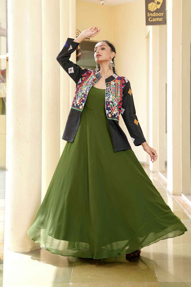 Mehendi Embroidered Georgette Gown With Jacket