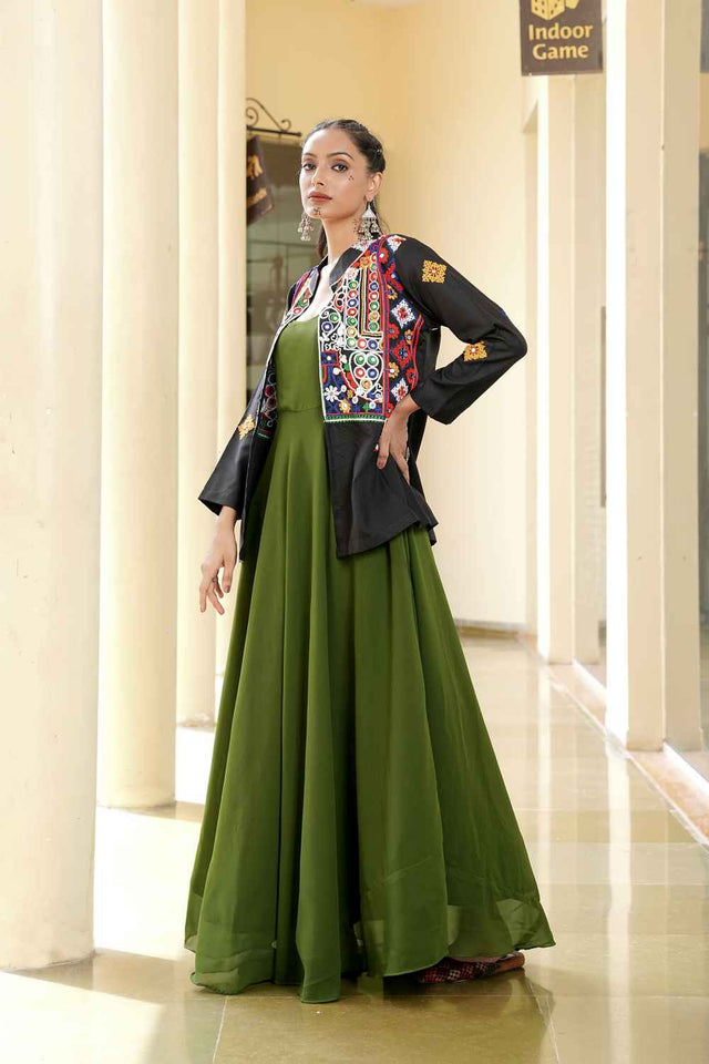 Mehendi Embroidered Georgette Gown With Jacket