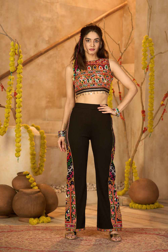 Black Embroidered Ribbed Kurti Set