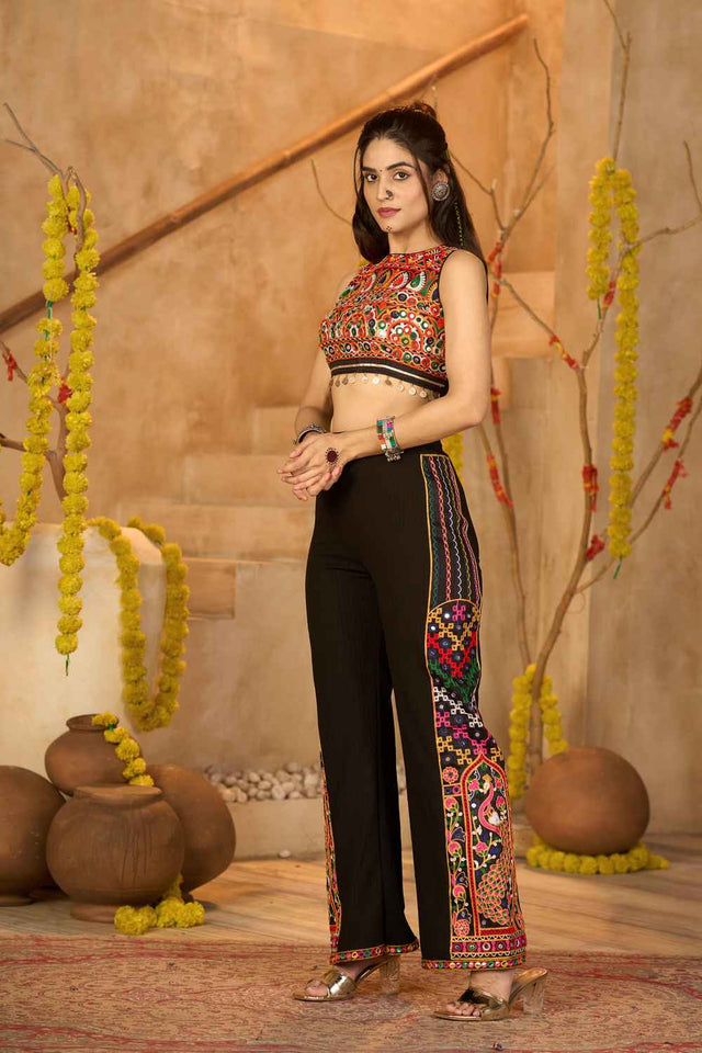 Black Embroidered Ribbed Kurti Set