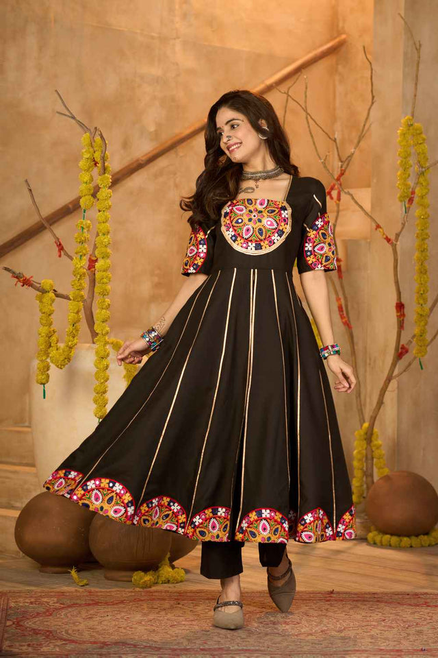 Black Embroidered Cotton Kurti Set