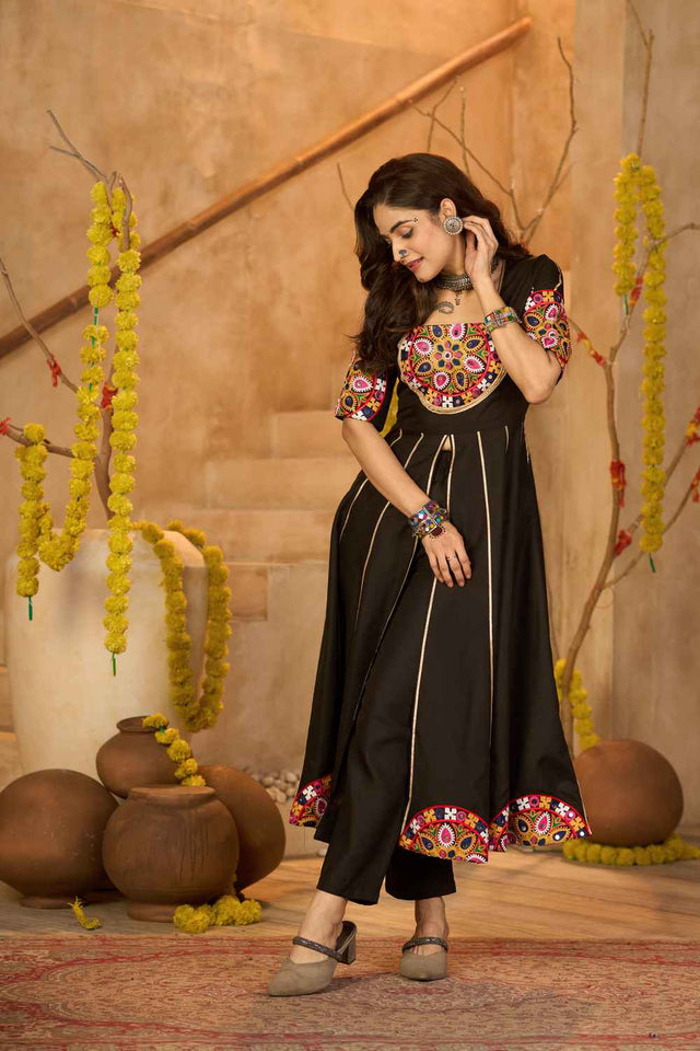 Black Embroidered Cotton Kurti Set