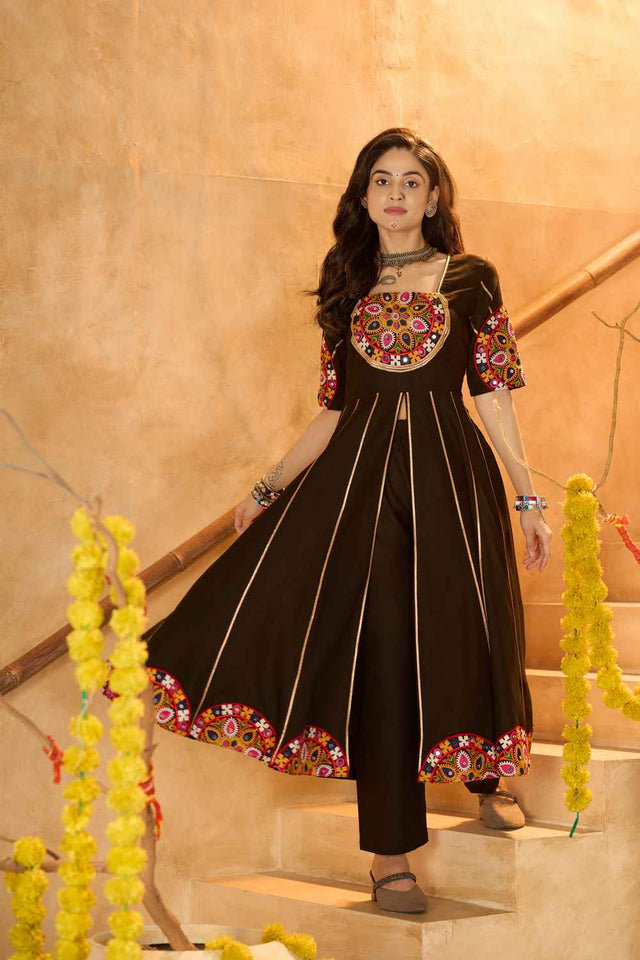 Black Embroidered Cotton Kurti Set