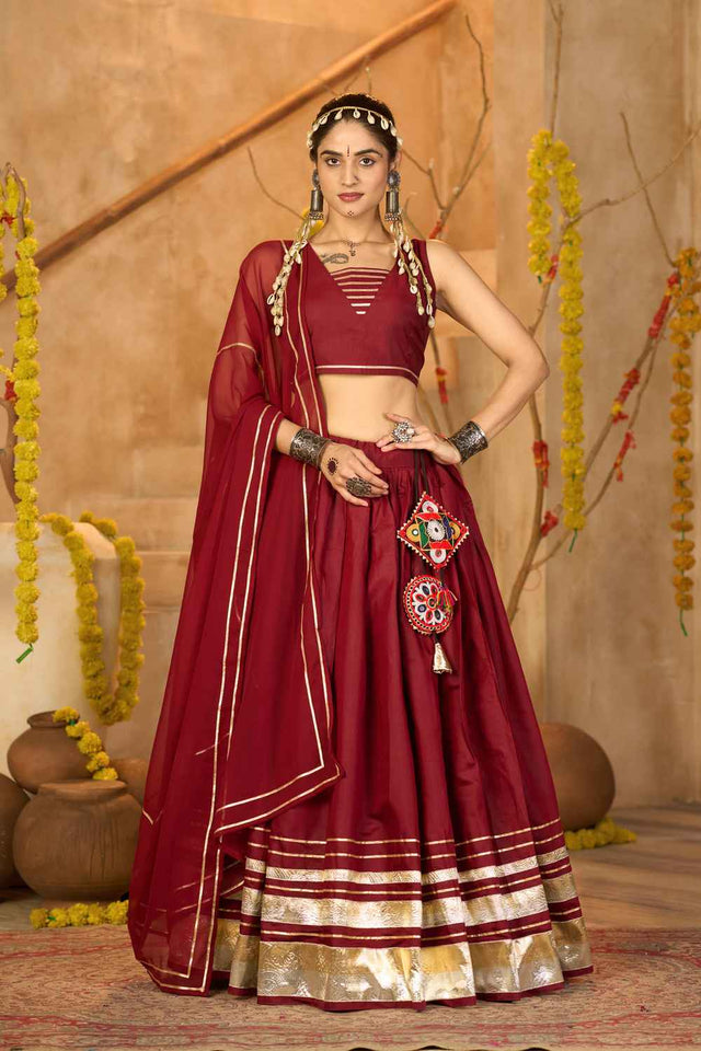 Maroon Lace Work Silk Lehenga