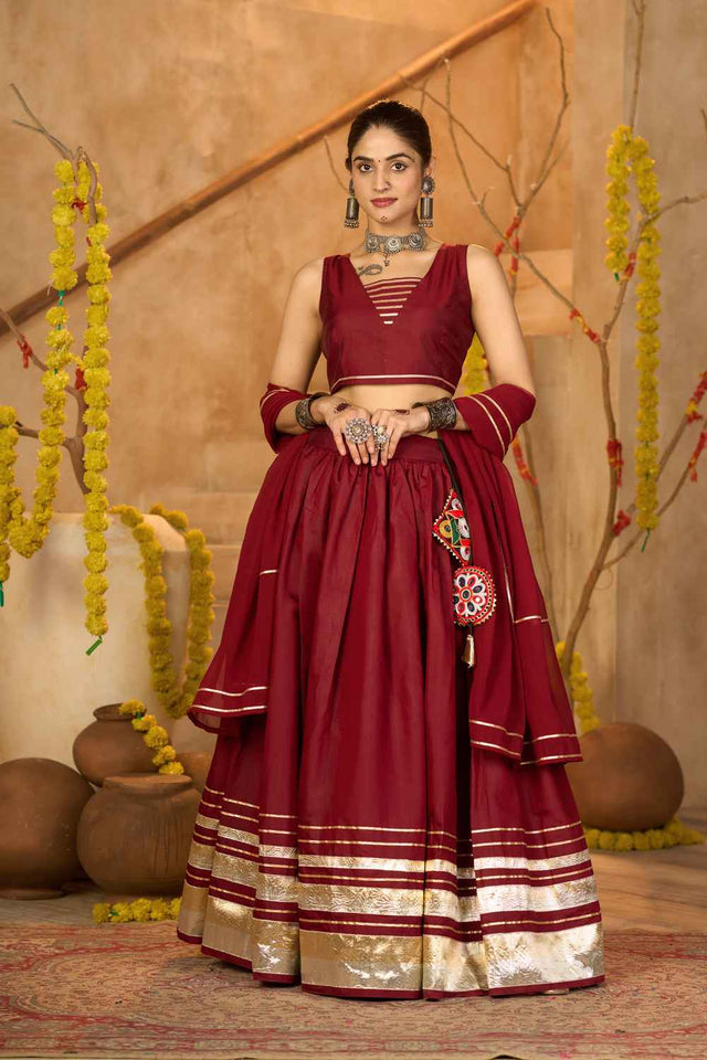 Maroon Lace Work Silk Lehenga