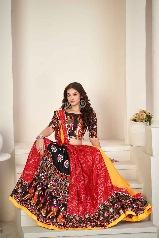 Red Embroidered Cotton Lehenga