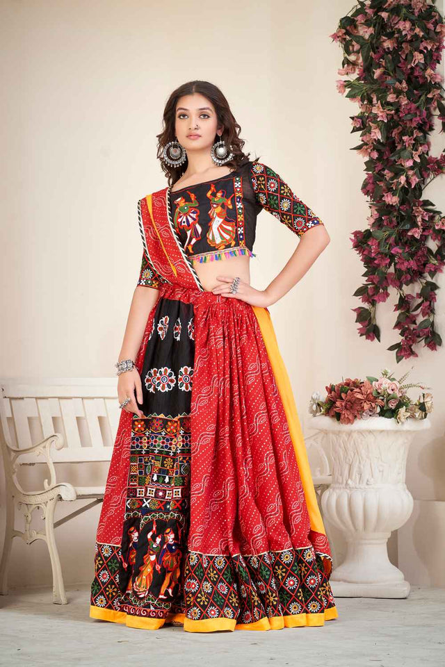 Red Embroidered Cotton Lehenga