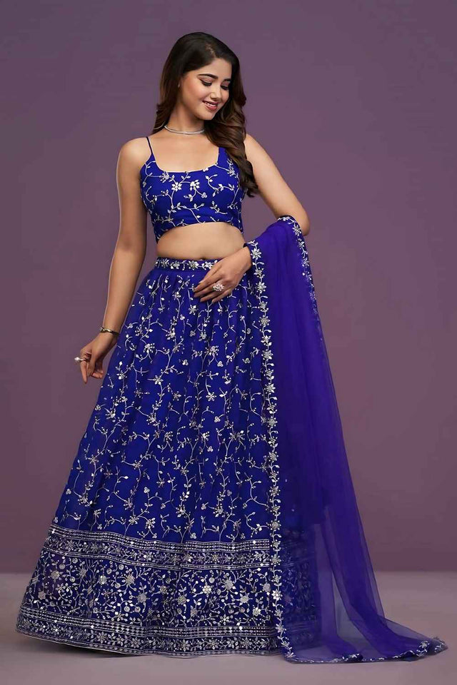 Blue Embroidered Gorgette Lehenga