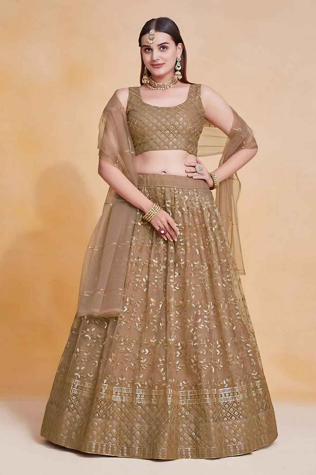 Brown Embroidered Net Lehenga