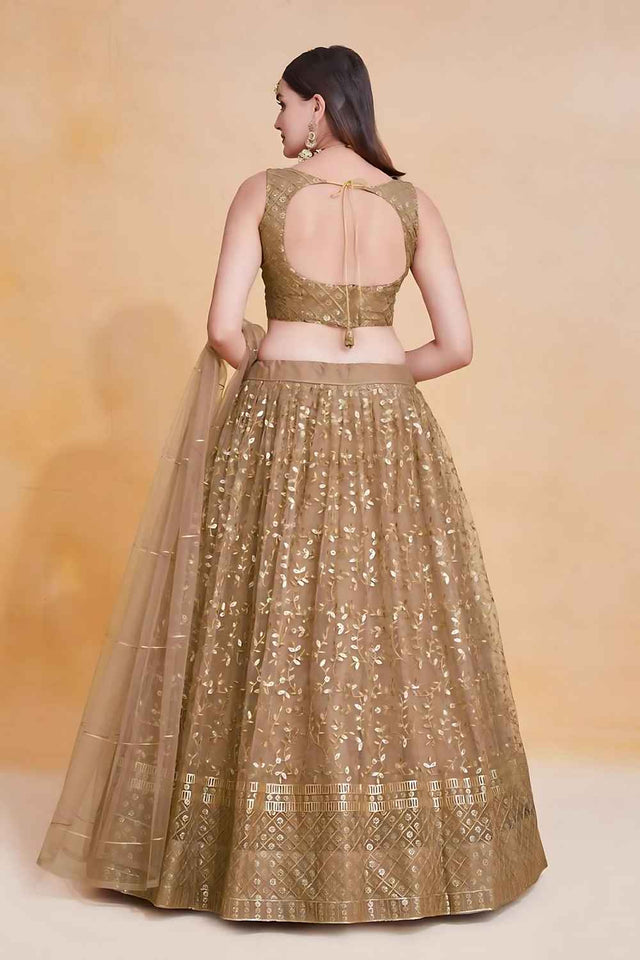 Brown Embroidered Net Lehenga