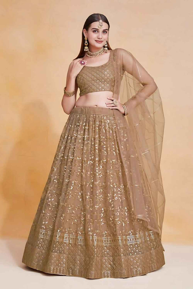 Brown Embroidered Net Lehenga