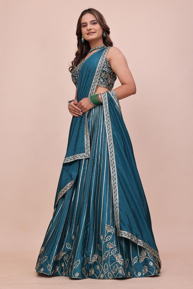 Turquoise Sequin with Embroidered Chinon Lehenga (OM-644)