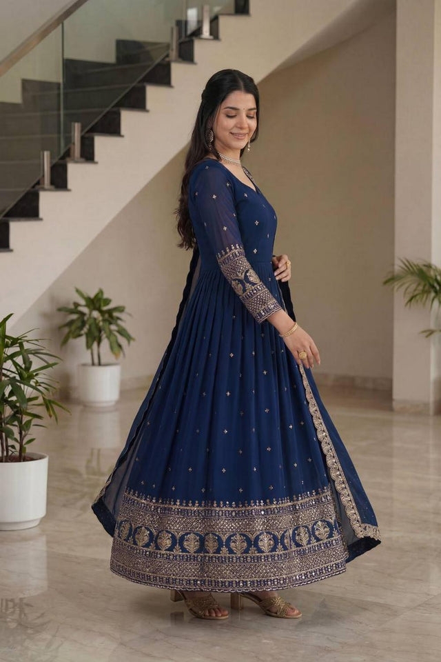 Navy Blue Sequin with Embroidered Silk Gown (ON5093-Navy)