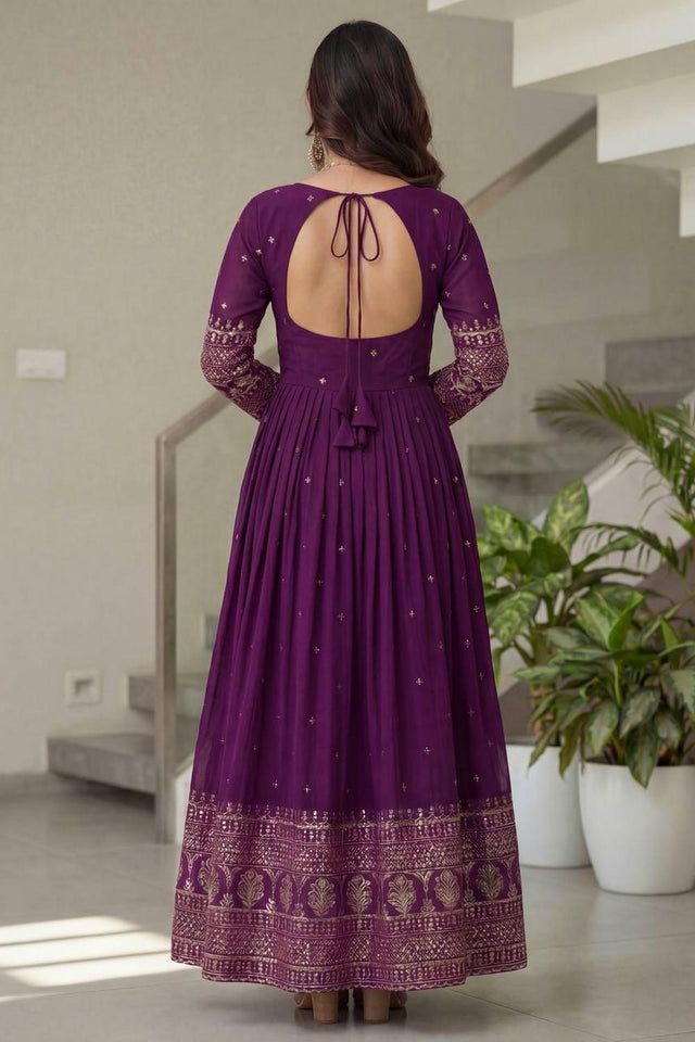 Wine Sequin with Embroidered Silk Gown (ON5093-Wine)