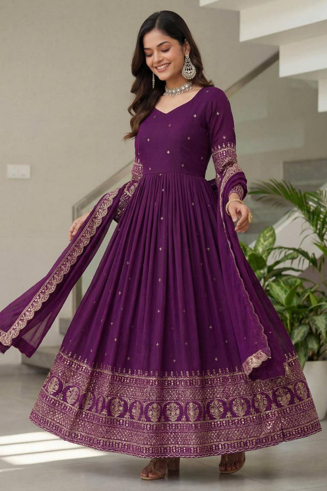 Wine Sequin with Embroidered Silk Gown (ON5093-Wine)