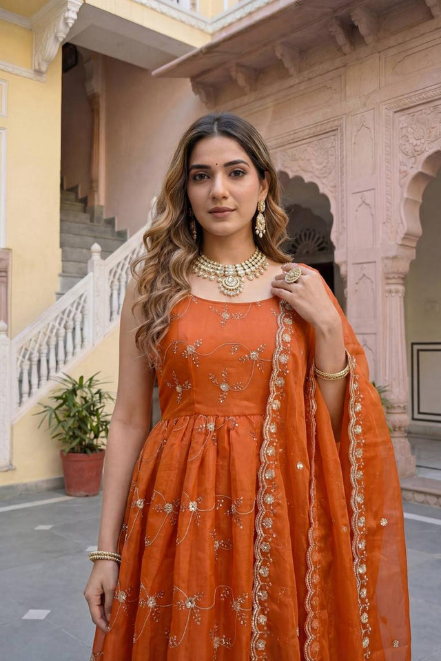 Rust Floral Embroidered Silk Gown (ON5156-Rusty)