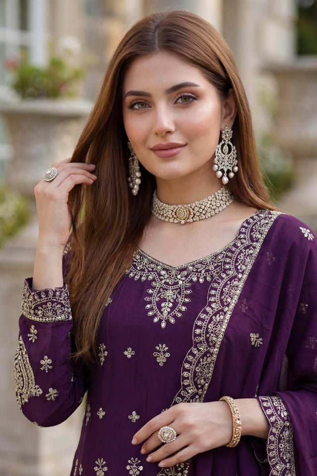 Violet Sequin with Embroidered Chinon Palazzo Suits (ON5158-Purple)