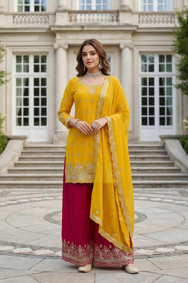 Yellow Sequin with Embroidered Chinon Palazzo Suits (ON5158-Yellow)