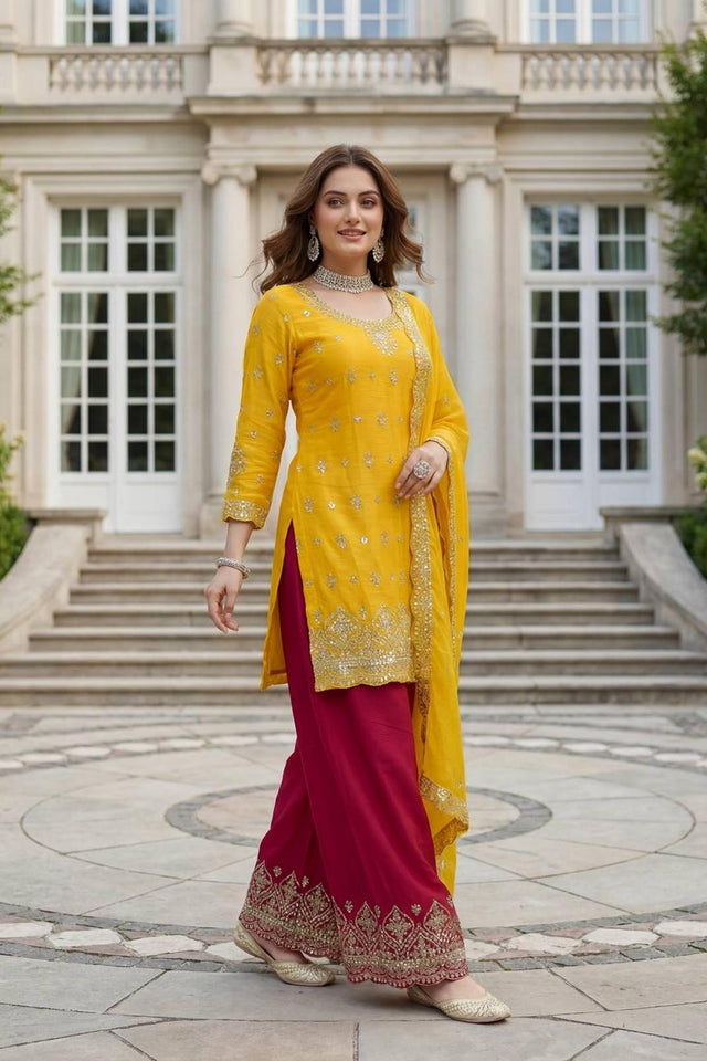 Yellow Sequin with Embroidered Chinon Palazzo Suits (ON5158-Yellow)