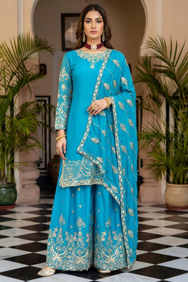 Blue Floral Embroidered Chinon Palazzo Suits (ON5160-Sky)