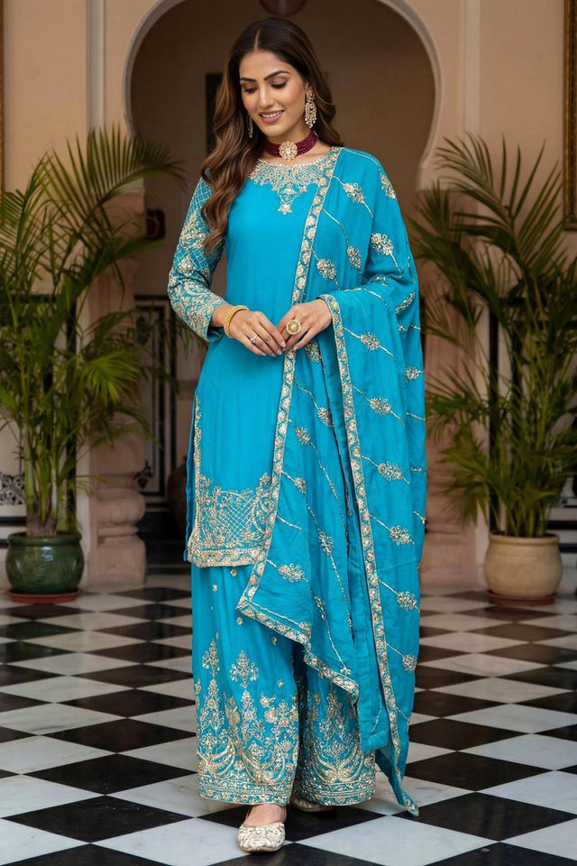 Blue Floral Embroidered Chinon Palazzo Suits (ON5160-Sky)