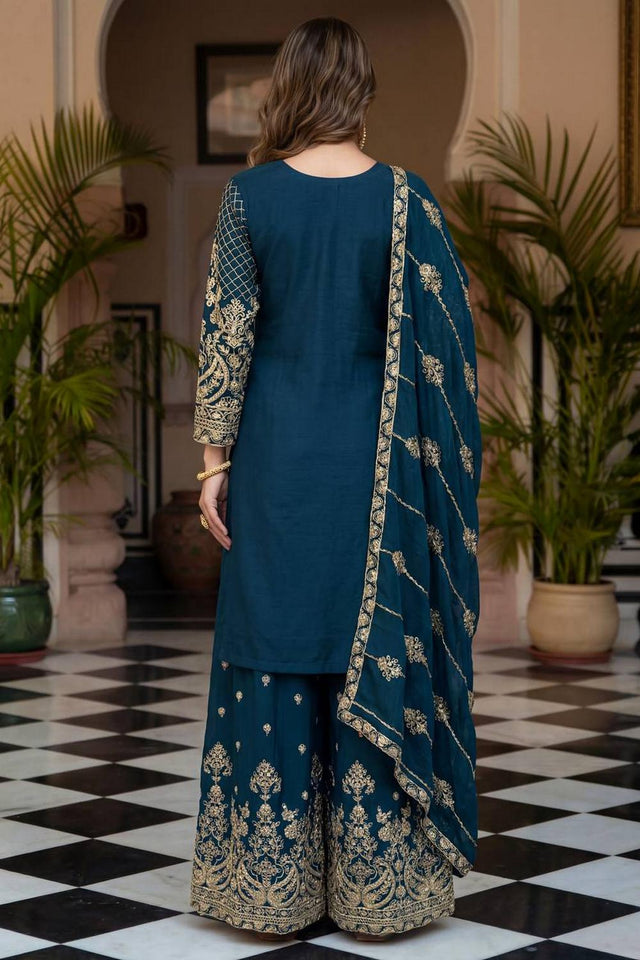 Turquoise Floral Embroidered Chinon Palazzo Suits (ON5160-Teal)