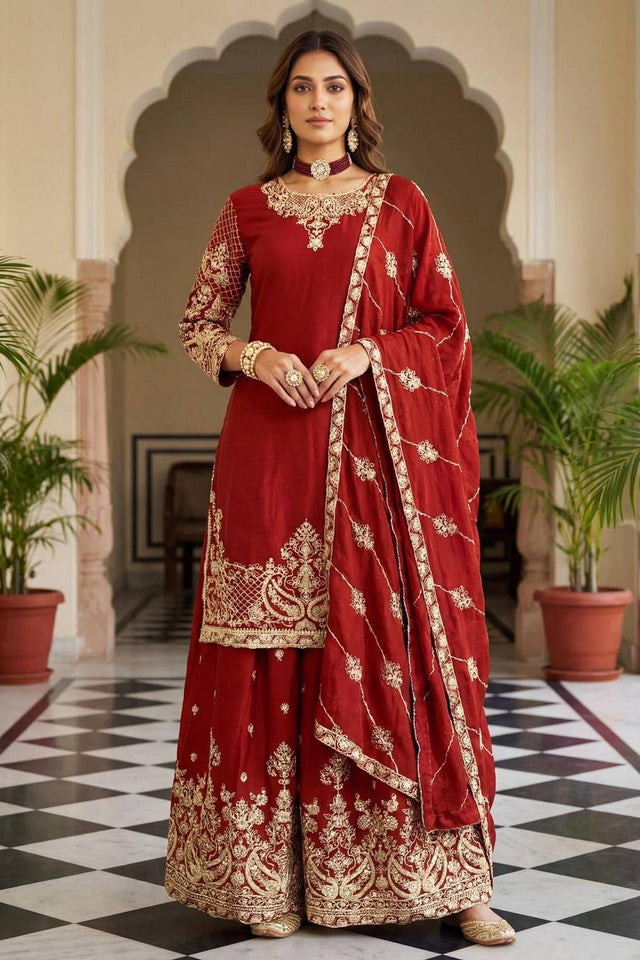 Red Floral Embroidered Chinon Palazzo Suits (ON5160-red)