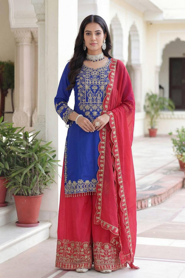Blue Sequin with Embroidered Chinon Palazzo Suits (ON5162-Blue)