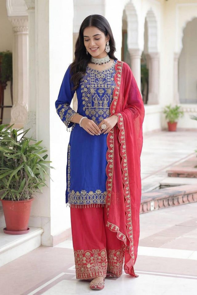 Blue Sequin with Embroidered Chinon Palazzo Suits (ON5162-Blue)