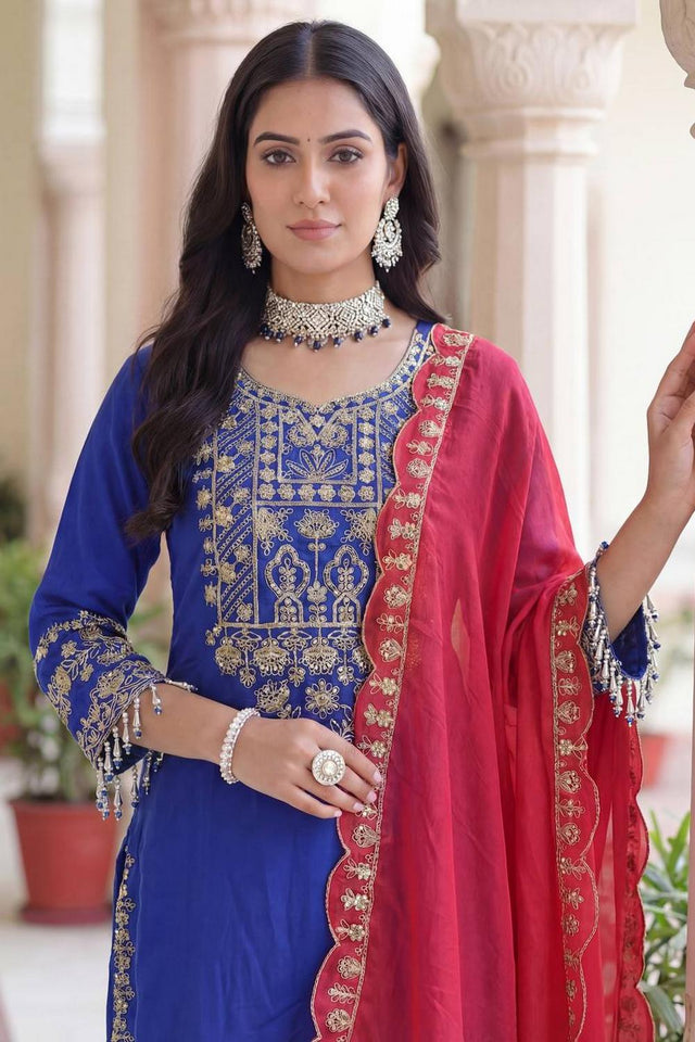 Blue Sequin with Embroidered Chinon Palazzo Suits (ON5162-Blue)
