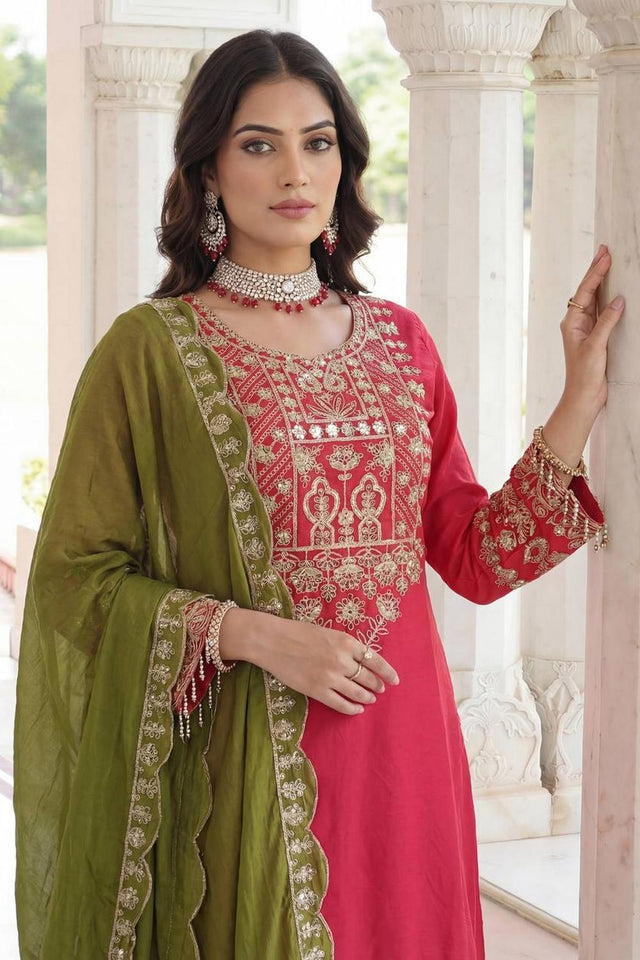 Pink Sequin with Embroidered Chinon Palazzo Suits (ON5162-Pink)