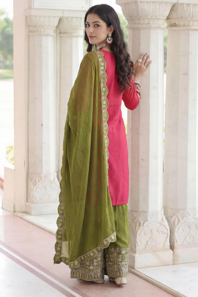Pink Sequin with Embroidered Chinon Palazzo Suits (ON5162-Pink)