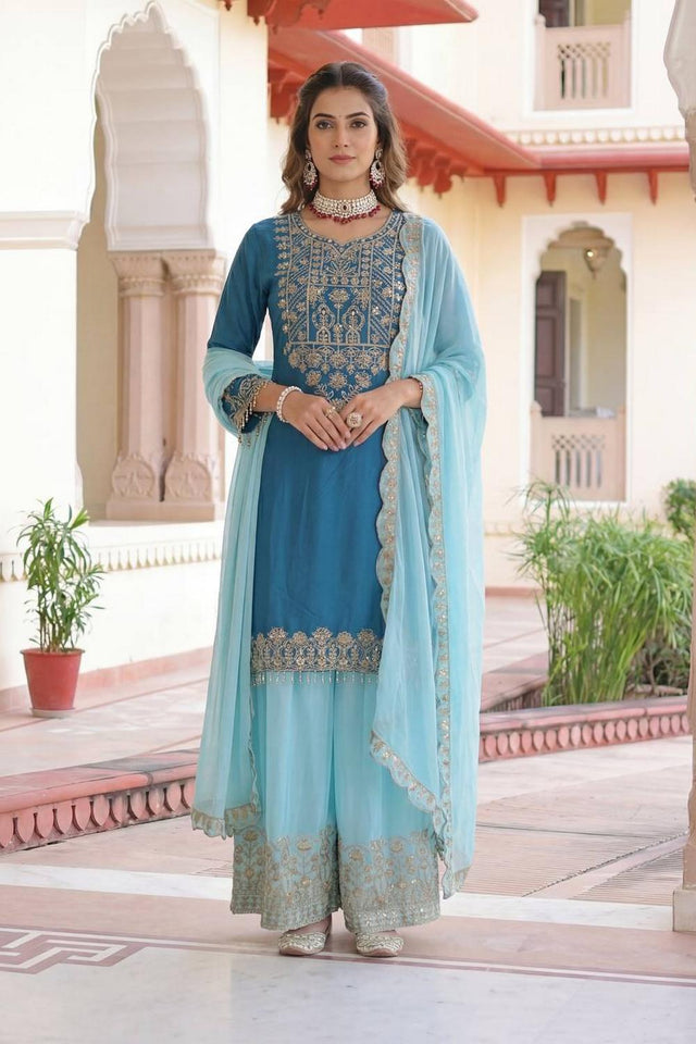 Blue Sequin with Embroidered Chinon Palazzo Suits (ON5162-Skyblue)