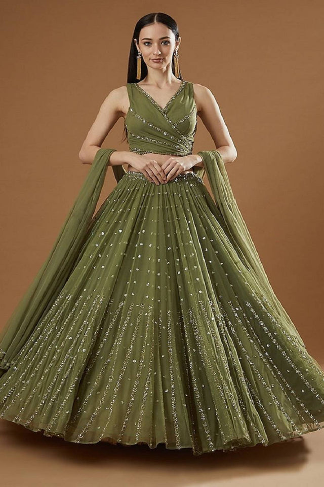 Olive Green Sequin Georgette Lehenga