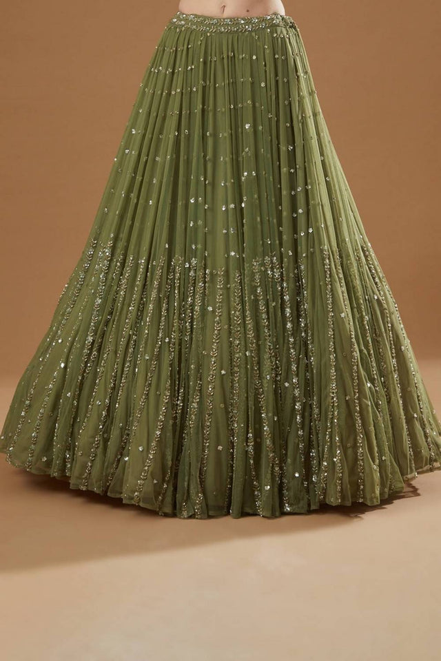 Olive Green Sequin Georgette Lehenga