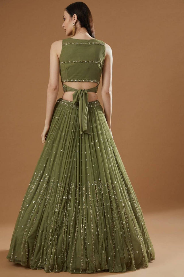 Olive Green Sequin Georgette Lehenga