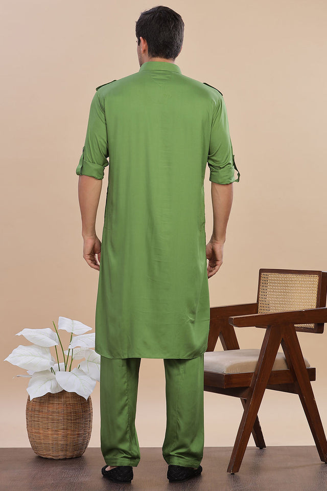 Green Solid Cotton Pathani Suit Set