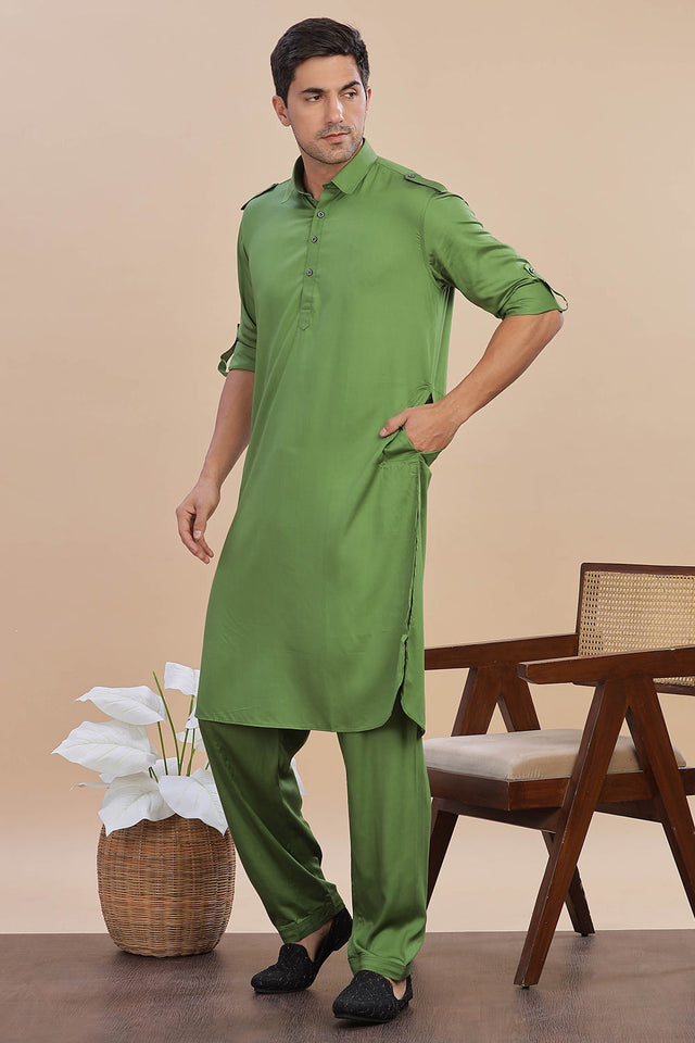 Green Solid Cotton Pathani Suit Set
