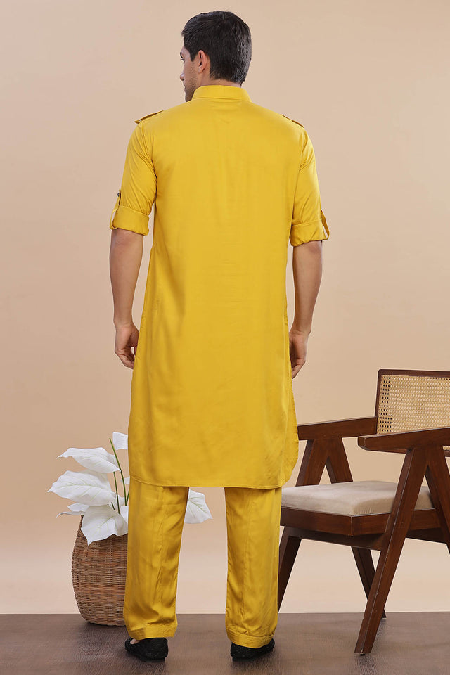 Yellow Solid Cotton Pathani Suit Set