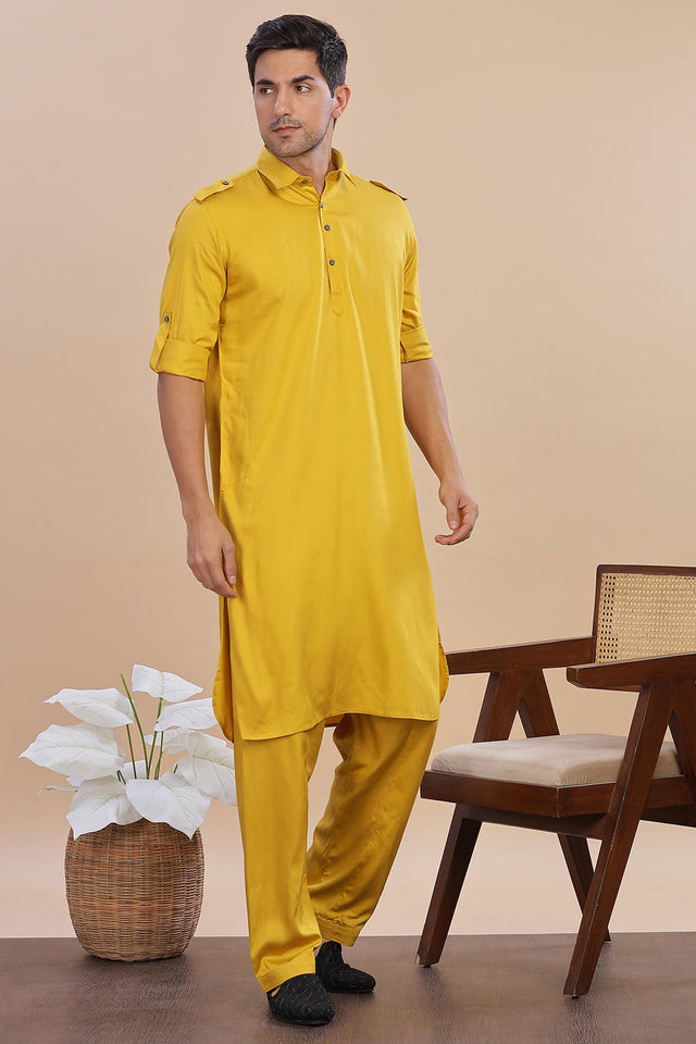 Yellow Solid Cotton Pathani Suit Set