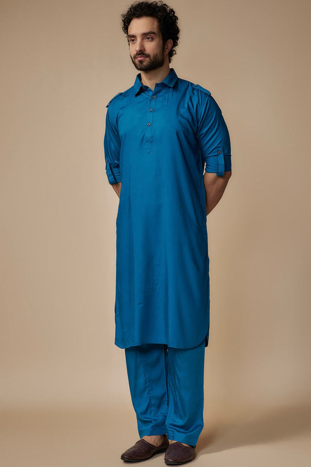 Blue Solid Cotton Pathani Suit Set