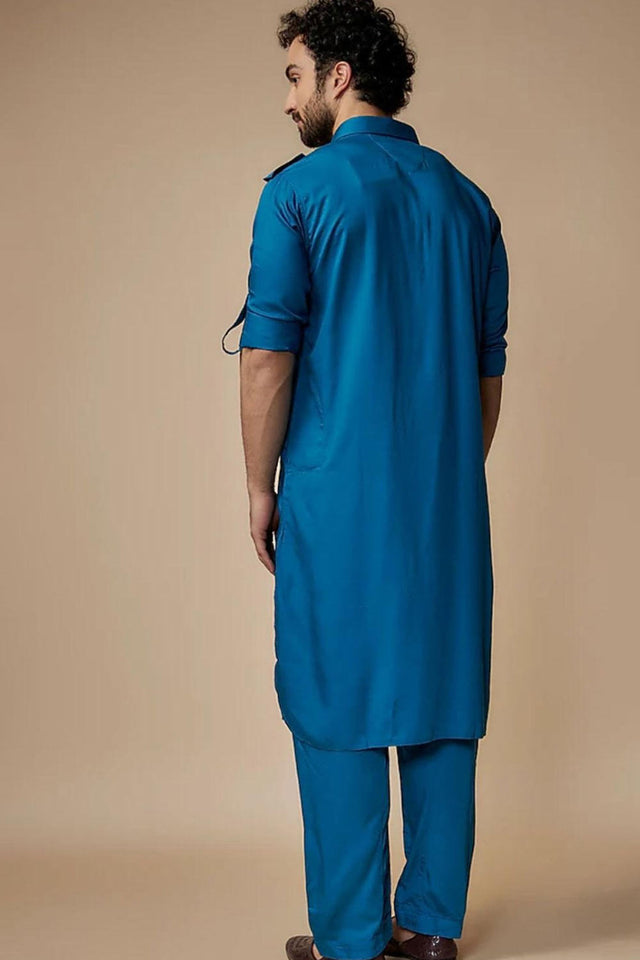 Blue Solid Cotton Pathani Suit Set