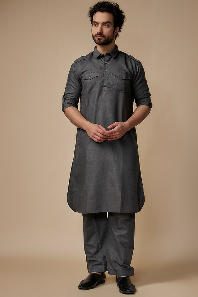 Grey Solid Cotton Pathani Suit Set