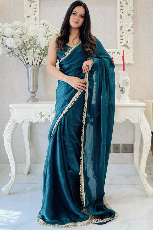 Turquoise Solid Silk Saree