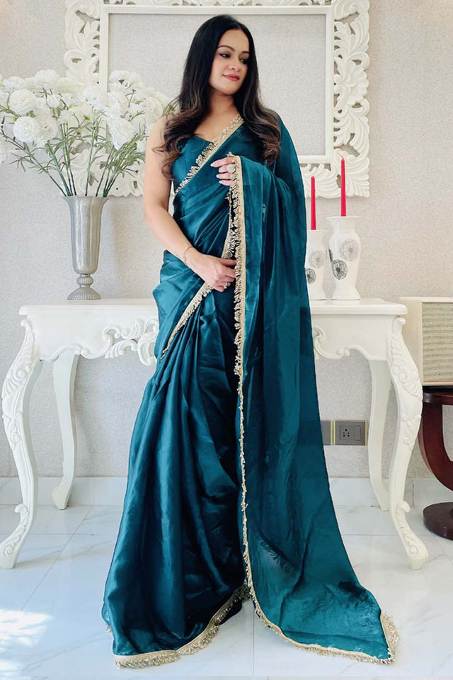 Turquoise Solid Silk Saree