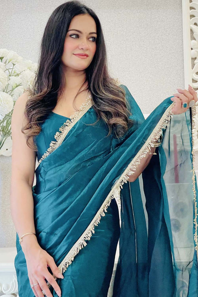 Turquoise Solid Silk Saree